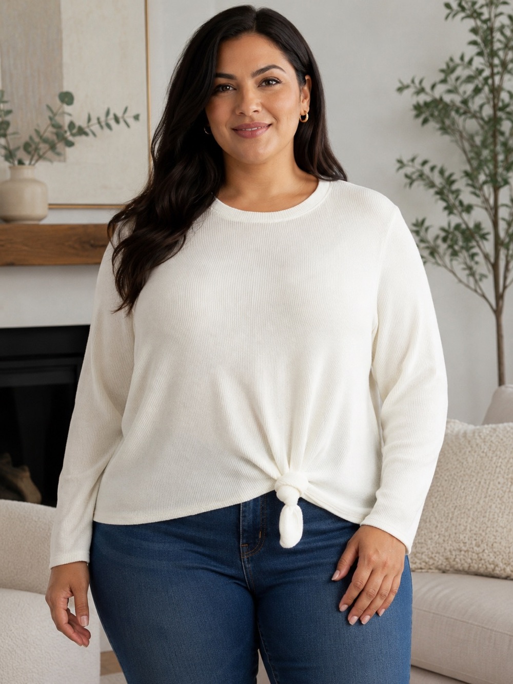 New Madewell Ribbed‎ Long Sleeve Knot-Front Top Ivory XXL Minimalist Casual